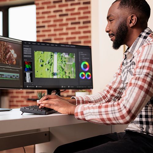 Ein Man of Colour sitzt vor zwei großen Monitoren und schneidet einen Film.